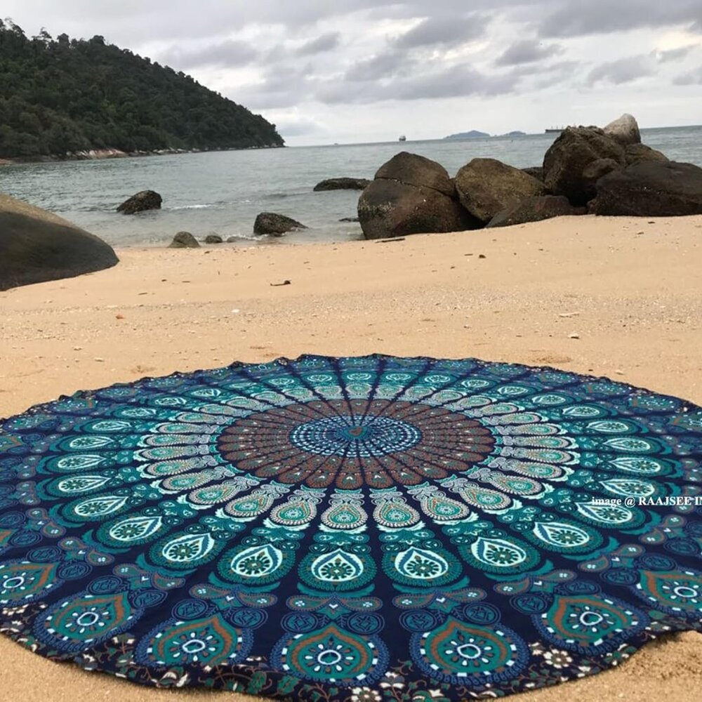 Round Beach Tapestry Turquoise Mandala Throw/Boho Hippie Beach Blanket Roundie/I